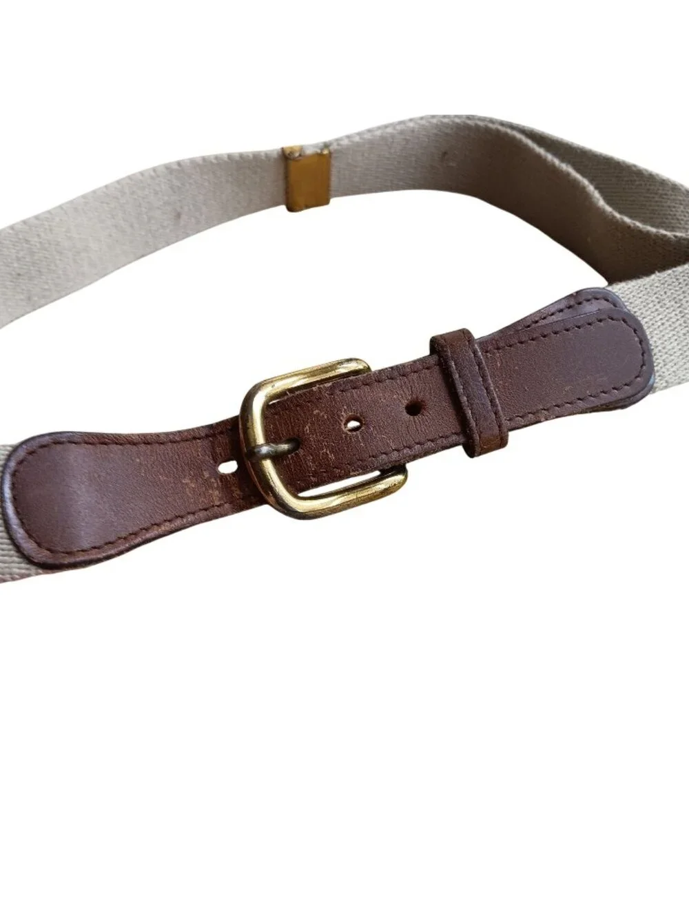 True Vintage Medium to Large Brown Leather Canvas Belt Brass Buckle Adjustable
